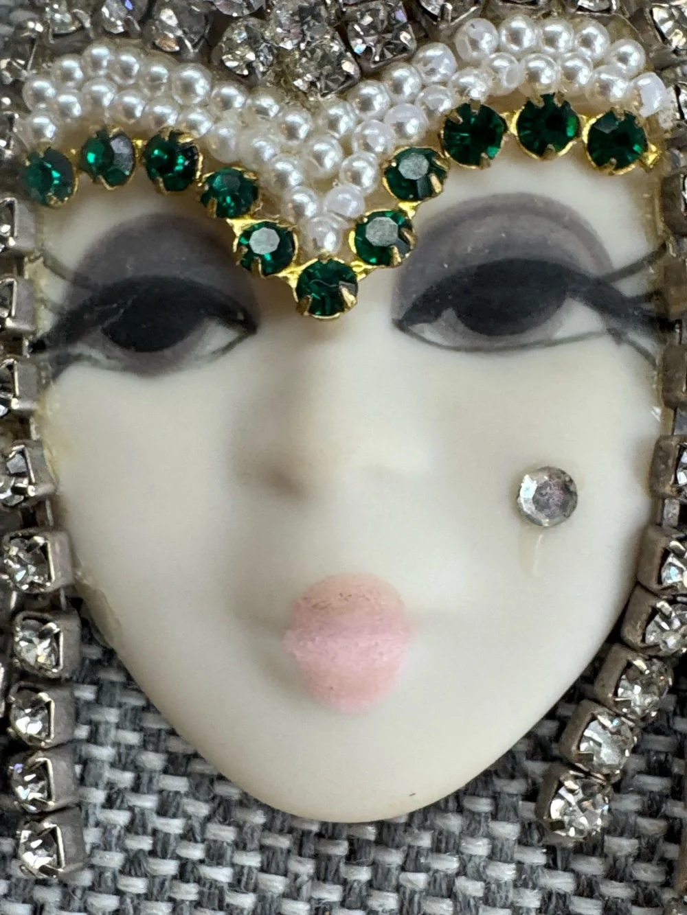 Gabriella Vantage Art Deco Porcelain Flapper Girl Face Rhinestone Brooch Pin